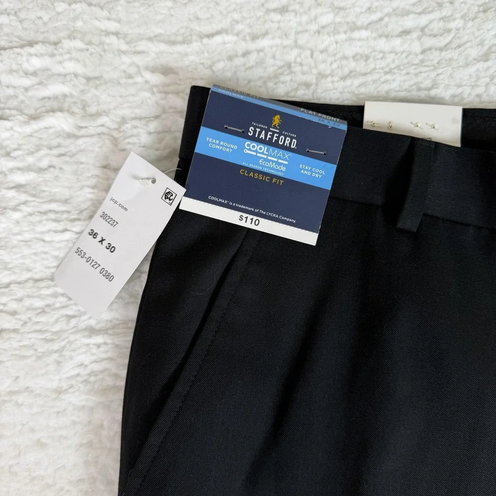Men's 36x30 Stafford Coolmax All Season Ecomade Flat Front Black Suit Pant
